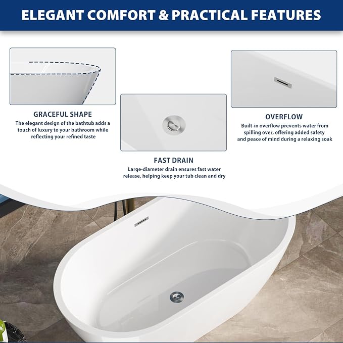 Sarlai 59 Inch Acrylic Freestanding Soaking Bathtub Contemporary Soaking White - Image 7