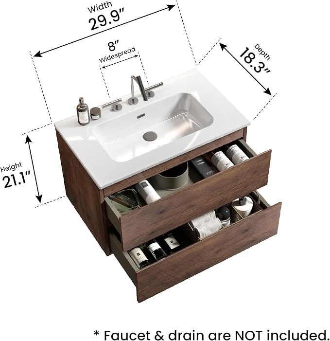 30" Bathroom Vanity with Sink, Modern Floating Vanity with Double Soft Closing - Image 2