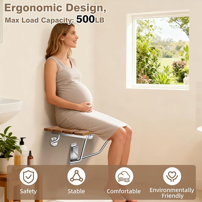 28'' Folding Shower Seat Wall Mounted, Folding Shower Bench - Image 5