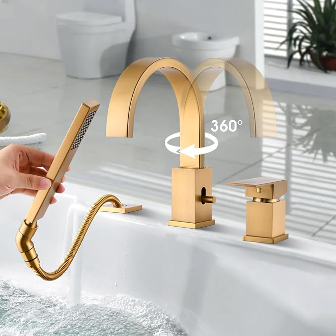Brass Roman Tub Faucet with Sprayer, Deck Mount Bathtub Faucet with Hand Shower - Image 2