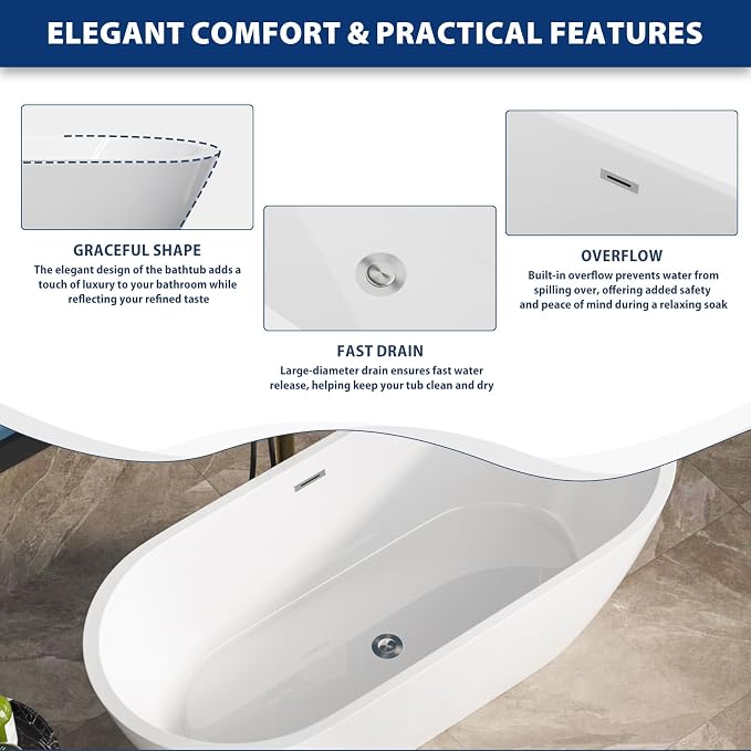 Sarlai 67 Inch Acrylic Freestanding Soaking Bathtub Contemporary Soaking White - Image 8