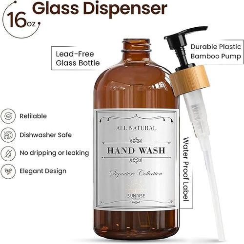 16 OZ Thick Amber Glass Soap Dispenser, Bamboo Pump - Image 2