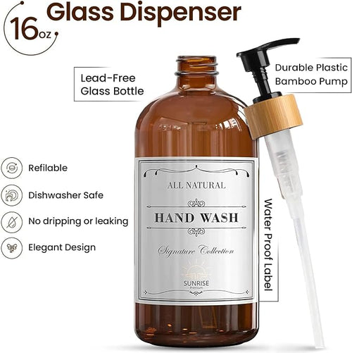 16 OZ Thick Amber Glass Soap Dispenser, Bamboo Pump - Image 2