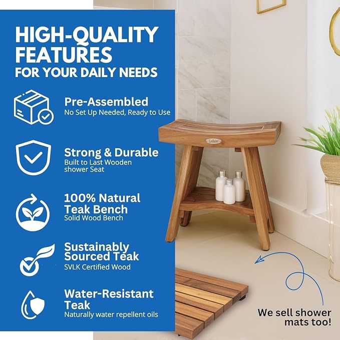EcoDecors Teak Shower Bench 18", 300 lb Capacity – Waterproof Wood Bath Seat - Image 4