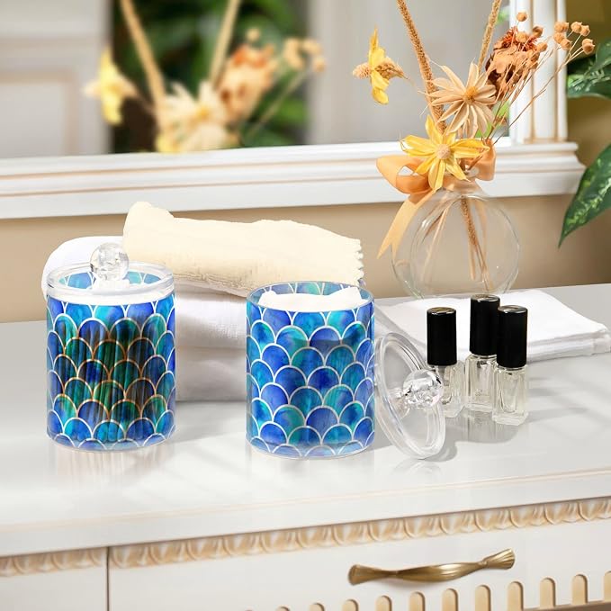 MNSRUU 2 Pack Qtip Holder Organizer Dispenser Blue Scales Of Mermaid Bathroom - Image 7
