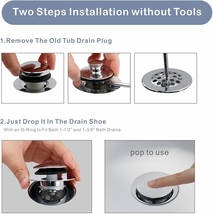 Chrome Plated Universal Tub Dain Stopper, Hidrop Pop Up Bath Drain Tip Toe - Image 4