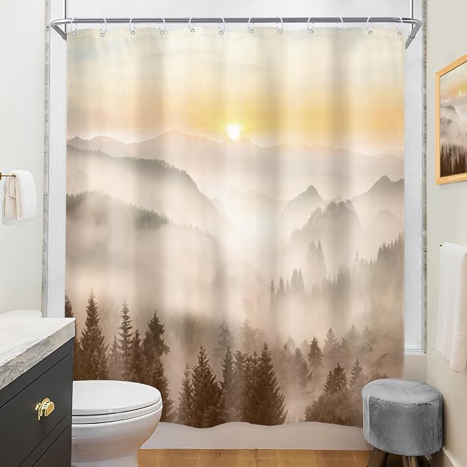 Riyidecor Misty Mountain Shower Curtain 60Wx72H Inch Brown Sunrise Nature - Image 4