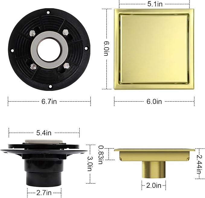 6 Inch Square Shower Floor Drain, Shower Drain Kit - Image 7