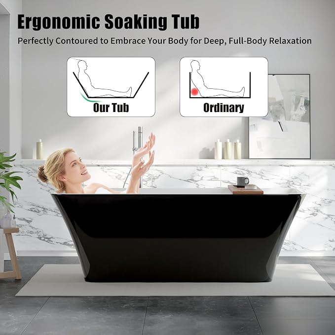 67 Inch Freestanding Acrylic Bathtub, Modern Black Soaking Tub - Image 3