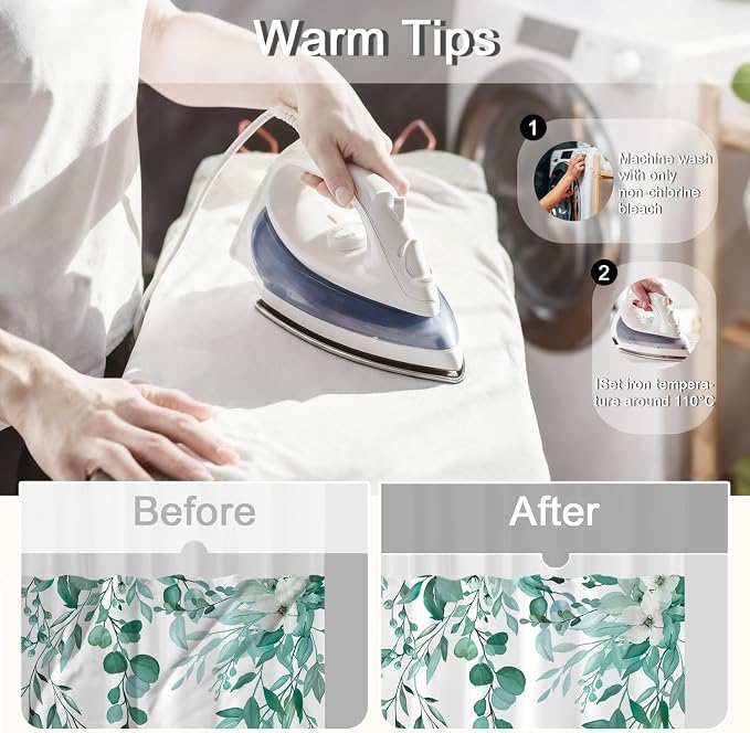 No Hook Shower Curtain and Liner Set, Teal Eucalyptus Floral Shower Curtains - Image 4