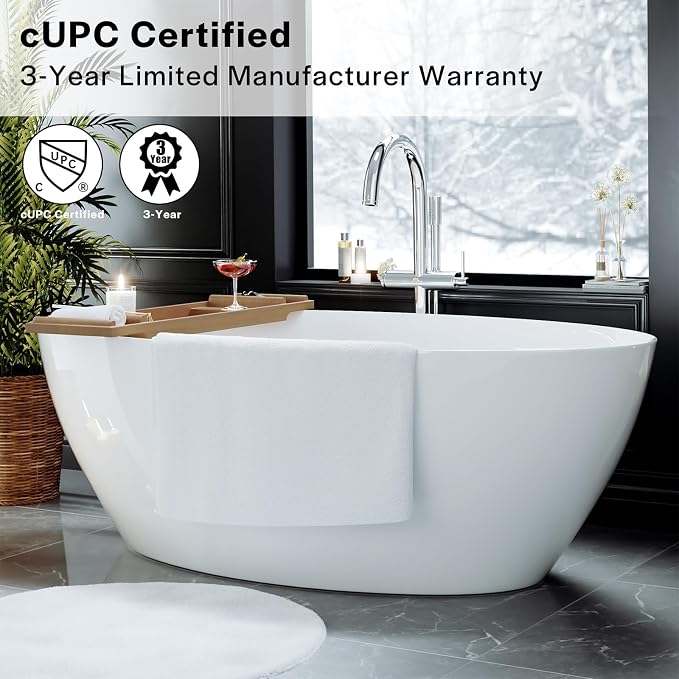 Empava Freestanding Bathtub, Non-Slip Flat Bottom, Glossy White, cUPC Certified - Image 6