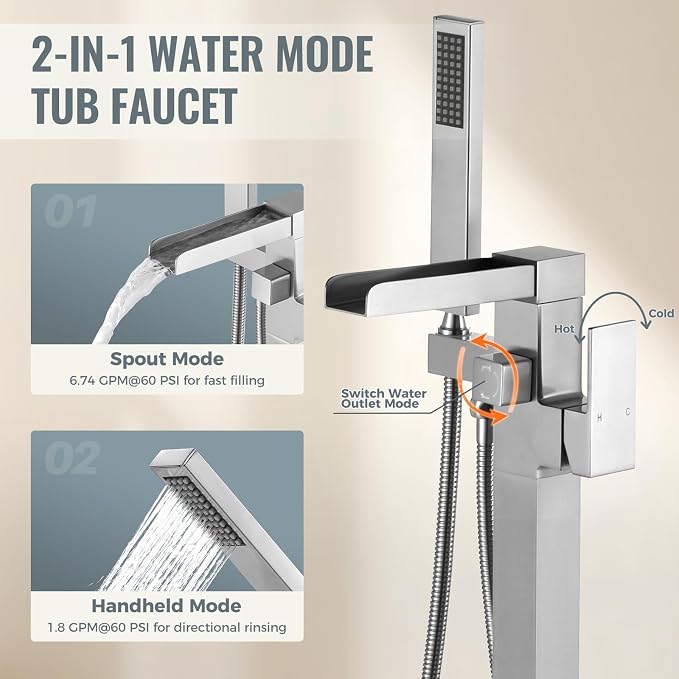 Freestanding Tub Faucet Brushed Nickel: ALEASHA High Flow Max 6.74 GPM Free - Image 3
