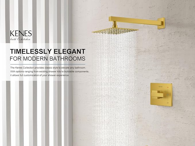 KENES Brushed Gold Shower Faucet, Modern Square 10-Inch Shower Head and Handle - Image 2