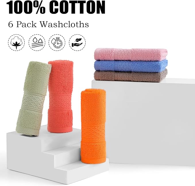 6 Pack 100% Cotton Washcloths Set, Highly Absorbent and Soft Feel Fingertip - Image 2