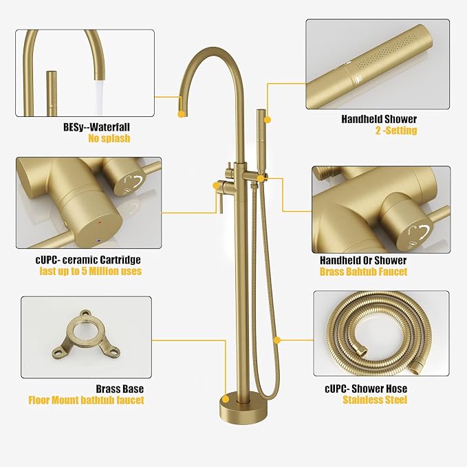 BESy Freestanding Bathtub Faucet Tub Filler Free Standing Floor Mount Stand - Image 3
