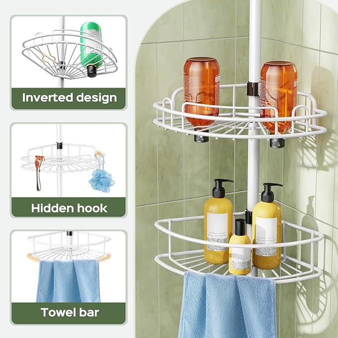 HAMITOR Corner Shower Caddy Tension Pole: Rustproof Bathroom Organizer Shelves - Image 6