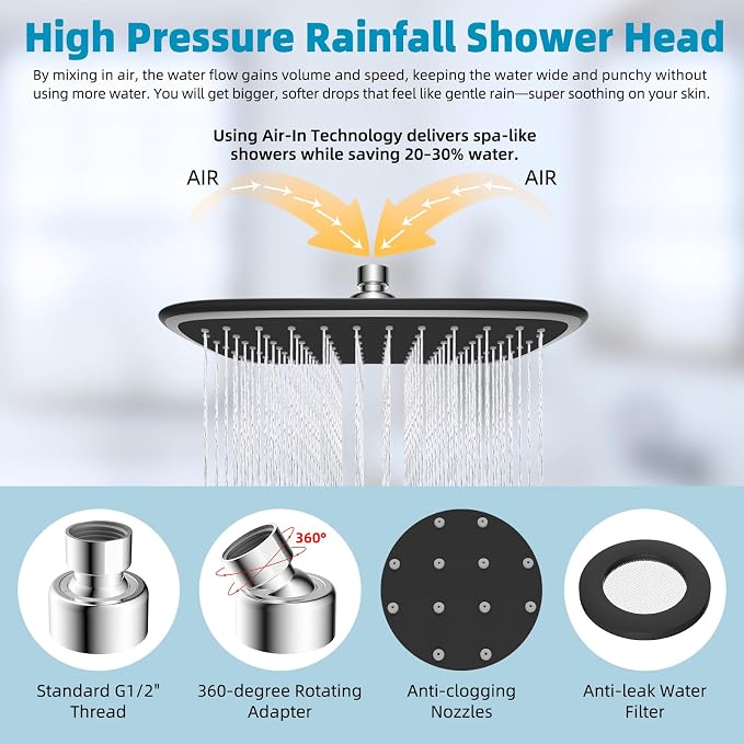 Rain Shower Head with 12" Shower Head Extension Arm, Metal Shower Head Extender - Image 3