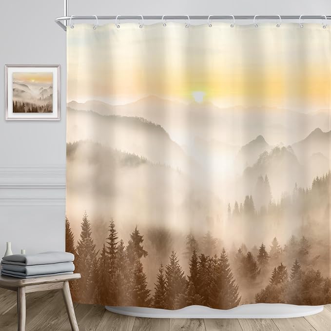 Riyidecor Misty Mountain Shower Curtain 72Wx72H Inch Brown Sunrise Nature - Image 2