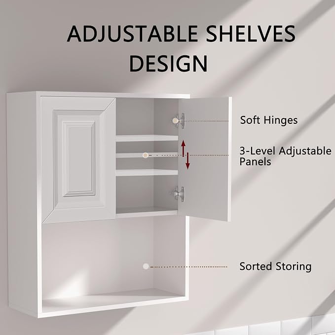 White Bathroom Wall Cabinet, Over The Toilet Storage Cabinet, Bathroom and - Image 7