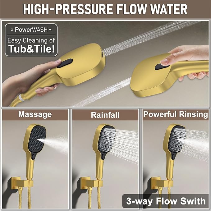 Shower Faucet Set Brushed Gold Shower System, Push Button Diverter 3-Way Shower - Image 8