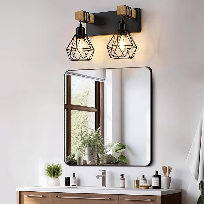 Farmhouse Vanity Light for Bathroom, 2-Light Wood Bathroom Vanity Light - Image 9