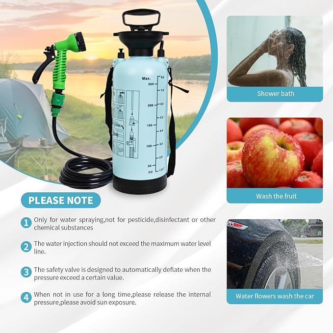 Portable Shower Blue 8L with 7 Spray Modes, Hand Press with Removable Hose and - Image 5