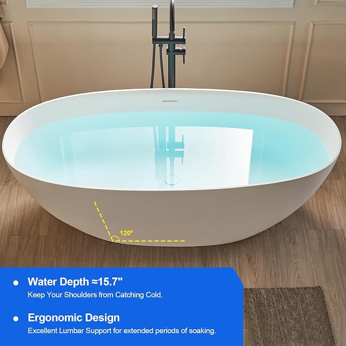 Cpingao 59" Stone Resin Freestanding Bathtub, Elegant Oval Shape Soaking Tub - Image 3