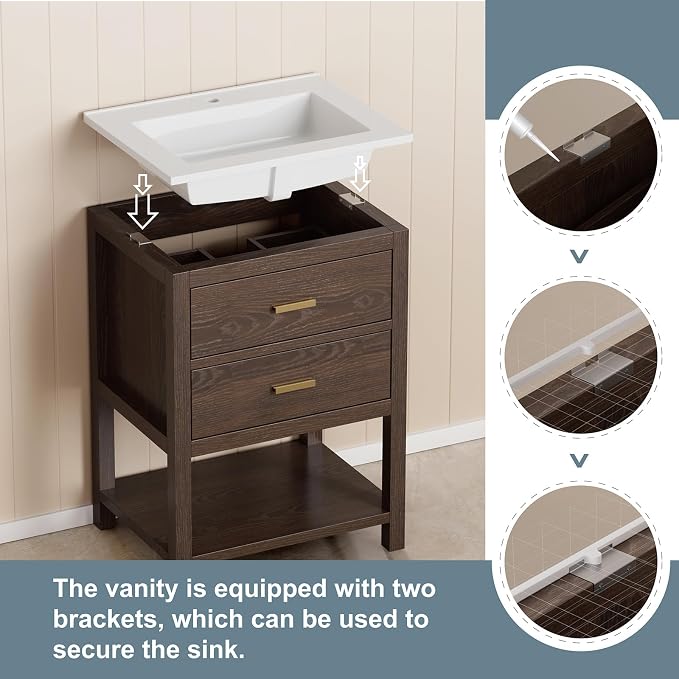 24 Inch Bathroom Vanity with Sink, Cabinet Sink Farmhouse Style with Drawers & - Image 6