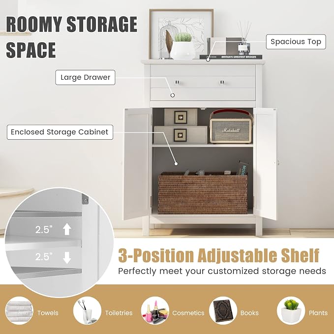 COSTWAY Bathroom Floor Cabinet, Wooden Side Storage Organizer w/Larger Drawer - Image 5
