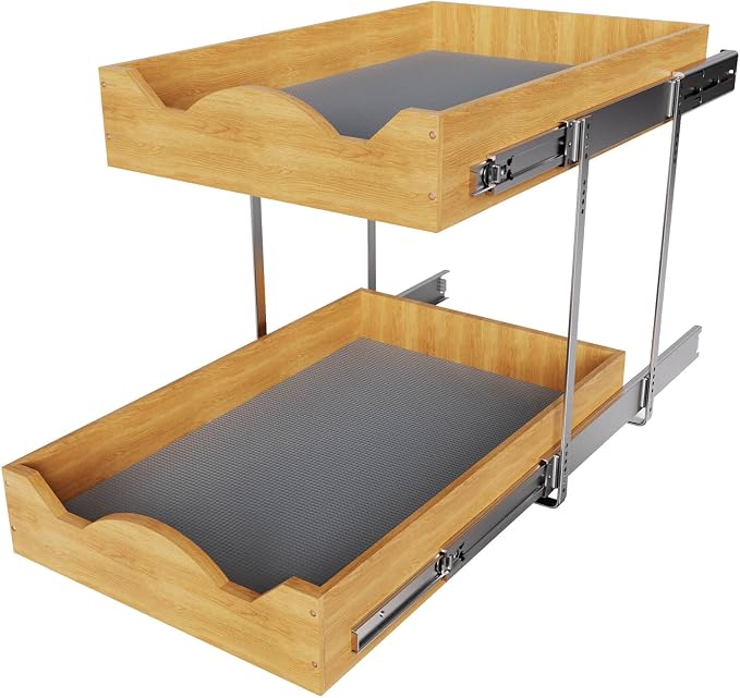 OCG Pull Out Drawers For Cabinets 14"W x 21"D, 2 Tier Heavy-Duty Slide out Wood by OCG