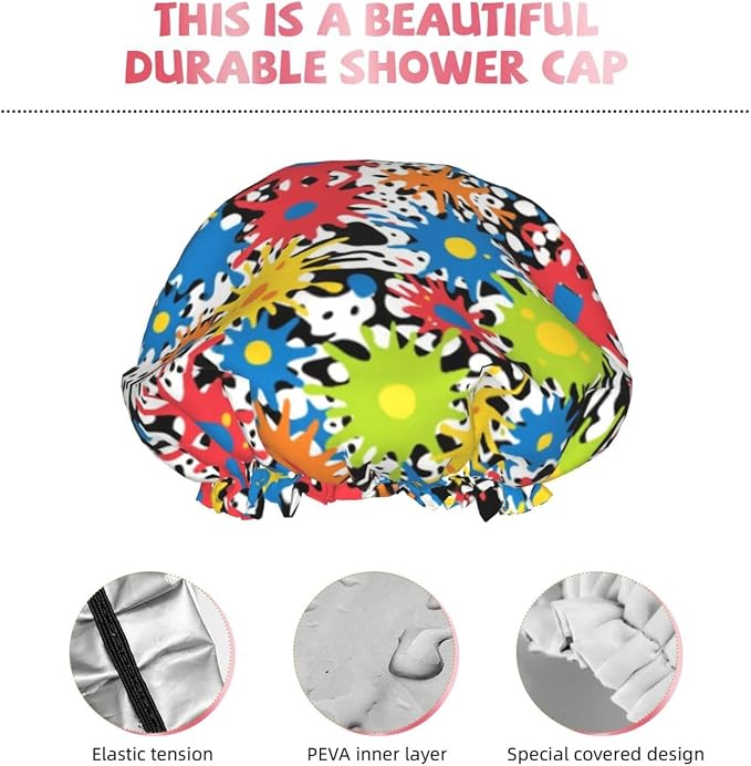 Double Layers Shower Caps for Women Girl, Colorful Splatter Color Art Bathing - Image 5