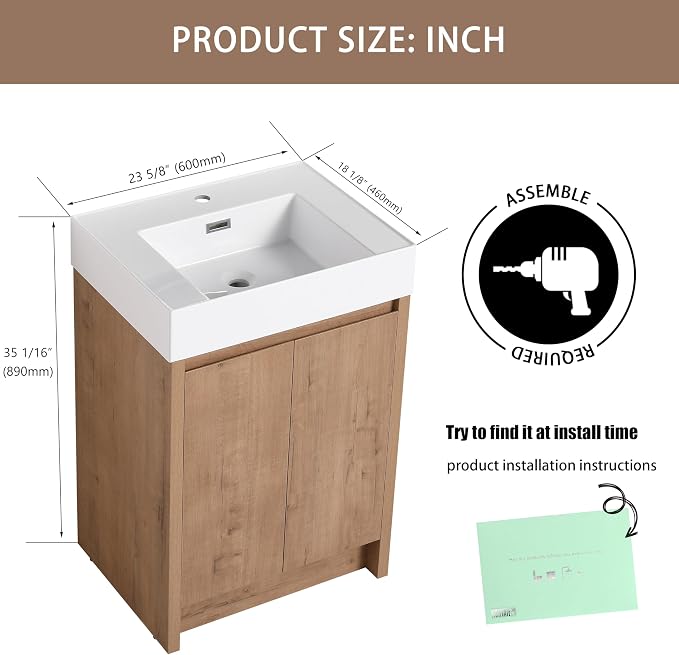 24 Inch Bathroom Vanity with Middle Resin Sink, Freestanding Single Sink Vanity - Image 2