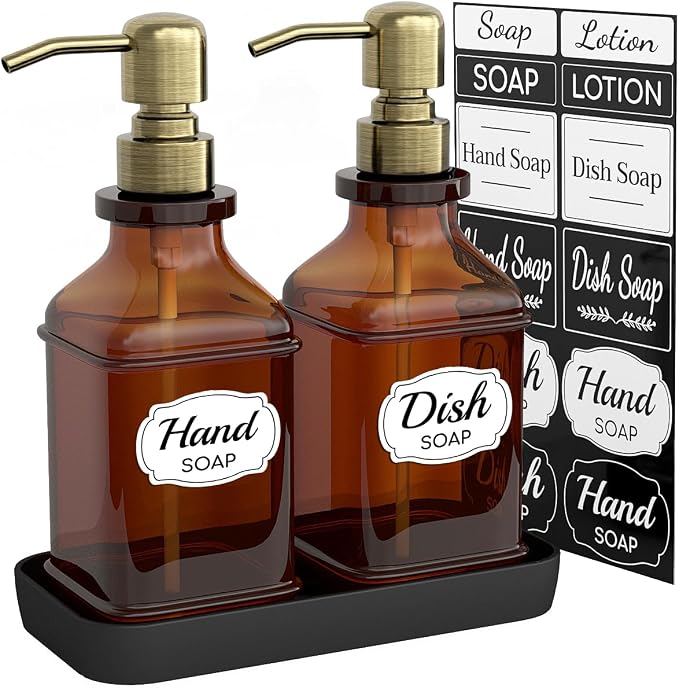 Soap Dispenser - 2 Pack, Antique Design Thick Amber Glass Hand Soap Dispensers by LMQML