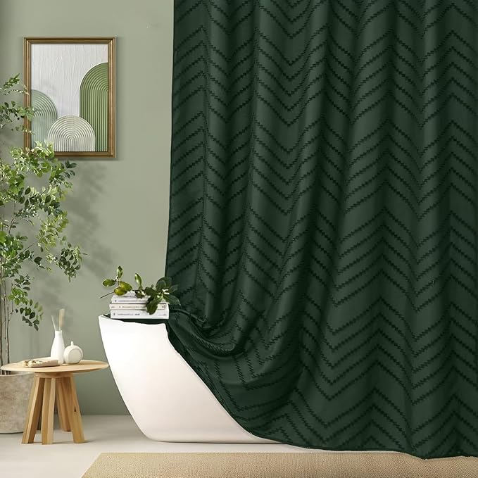 78inch Extra Long Dark Green Boho Shower Curtain Woven Fabric Shower Curtain by TURKIO
