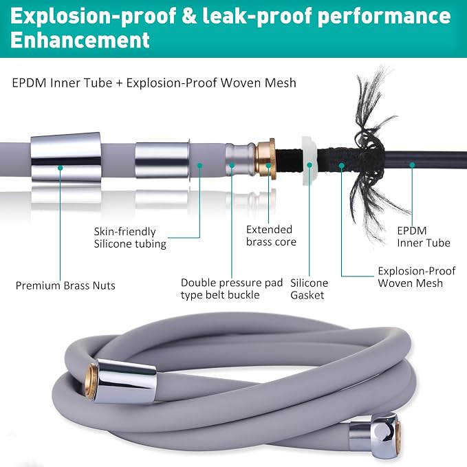Ultra-Soft Silicone Shower Hose Replacement, 59 Inch Extra Long HandHeld Hose - Image 2