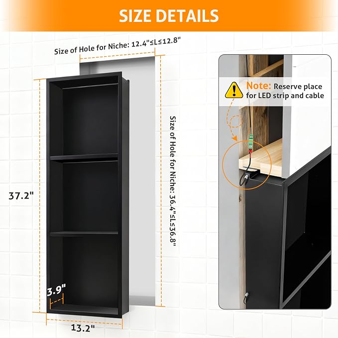 WICHEMI Stainless Steel Shower Niche 12" X 36", No Tile Needed Wall Niche - Image 2