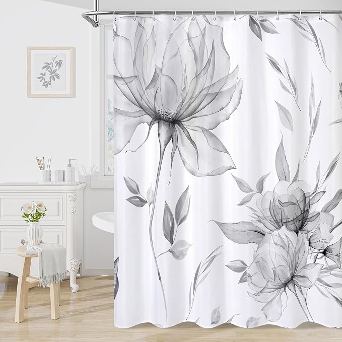 Grey Boho Watercolor Floral Shower Curtain, Ink Painting Style Blossom & Leaf by Decorateyourhome