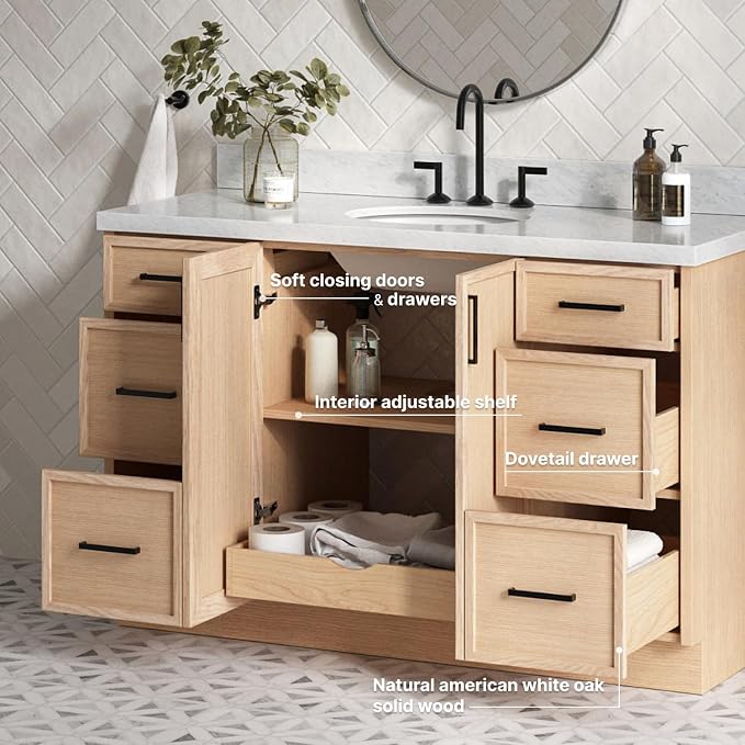 ARIEL Kelly 54 inch Bathroom Vanity Without Sink in White Oak, Bathroom Base - Image 4