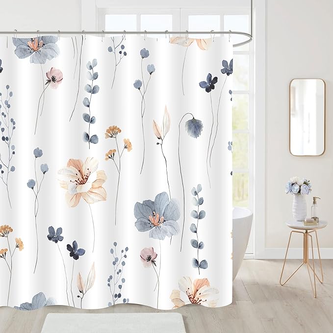 Gibelle Watercolor Floral Shower Curtain, Modern Minimalist White Waterproof - Image 2