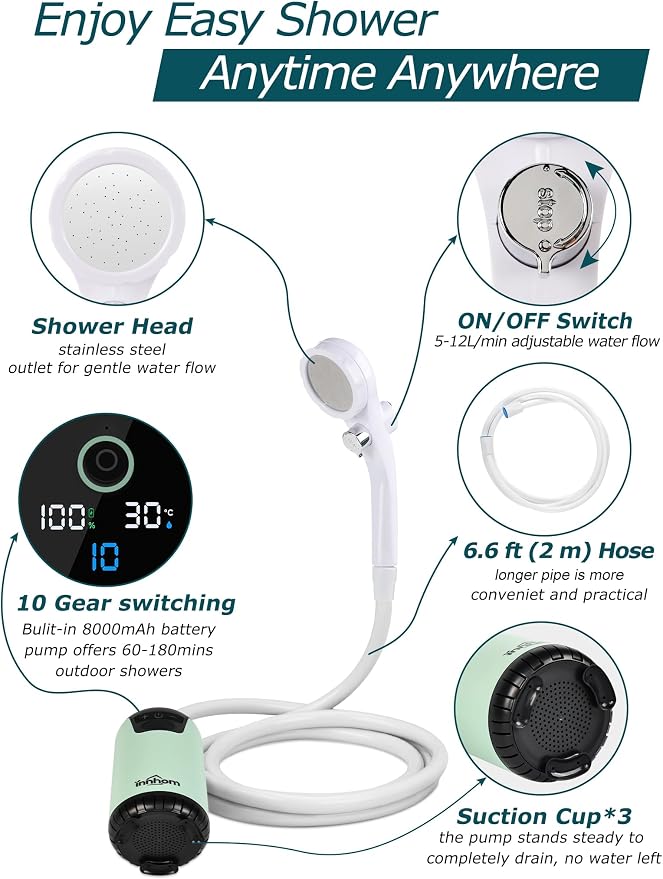 innhom Portable Camping Shower, 6000mAh Rechargeable Camp Shower Pump - Image 2