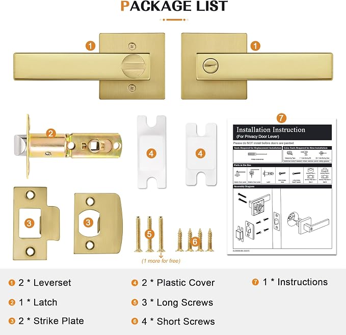 Probrico Heavy Duty Flat Gold Door Handles Square Privacy Interior Door Levers - Image 7