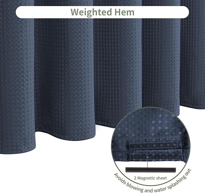 Inhousolu Fabric Shower Curtain Waffle Weave, Weighted Hem, 14 Metal Hooks - Image 5
