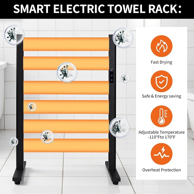 Towel Warmer Rack with 6 Widened Bars, Wall-Mounted Heated Towel Dryer with - Image 4