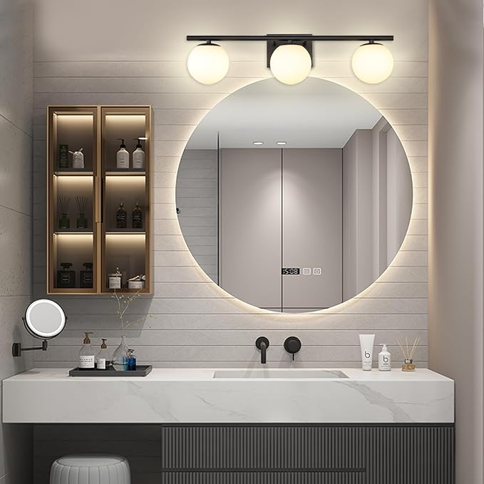 New Bathroom Vanity Light Fixtures 3 Lights Brushed Black Milk White Globe - Image 2