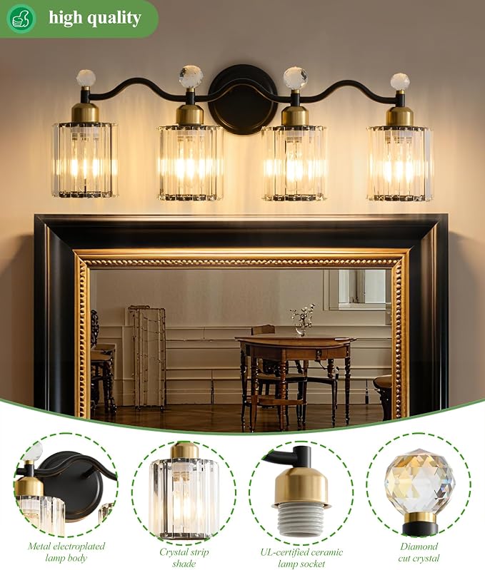 Modern Crystal Bathroom Vanity Light, Balck and Gold 4-Lights Bathroom Light - Image 2