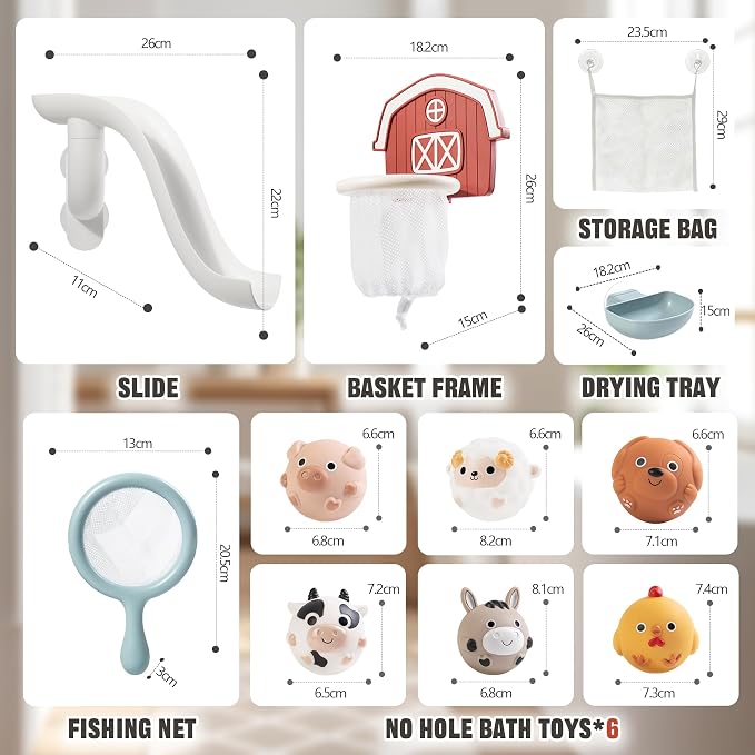 No-Hole Farm Bath Toys for Toddlers 1-3 | Slide, Basketball Hoop & 6 Animal Set - Image 7