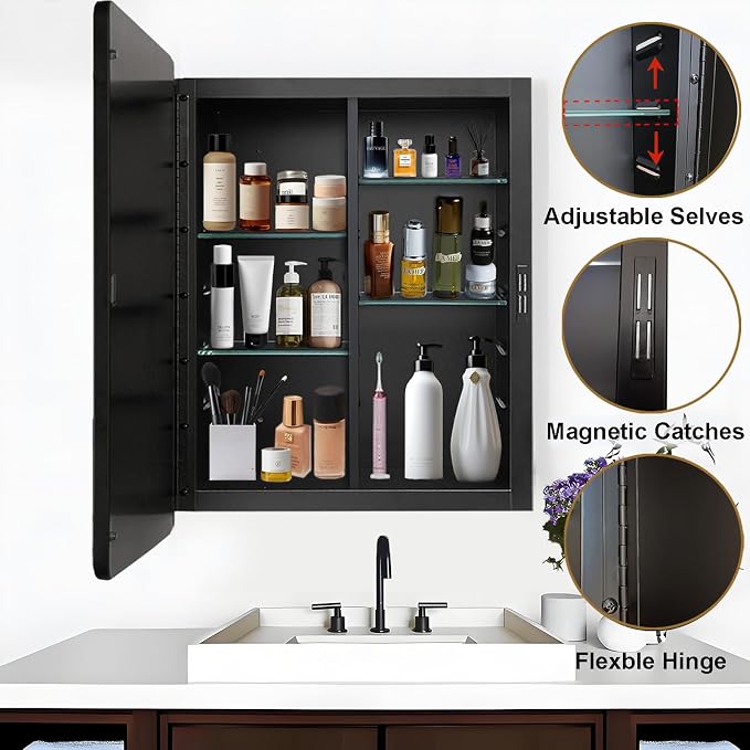 Black Medicine Cabinet 20x26 inch, Bathroom Mirror - Image 4