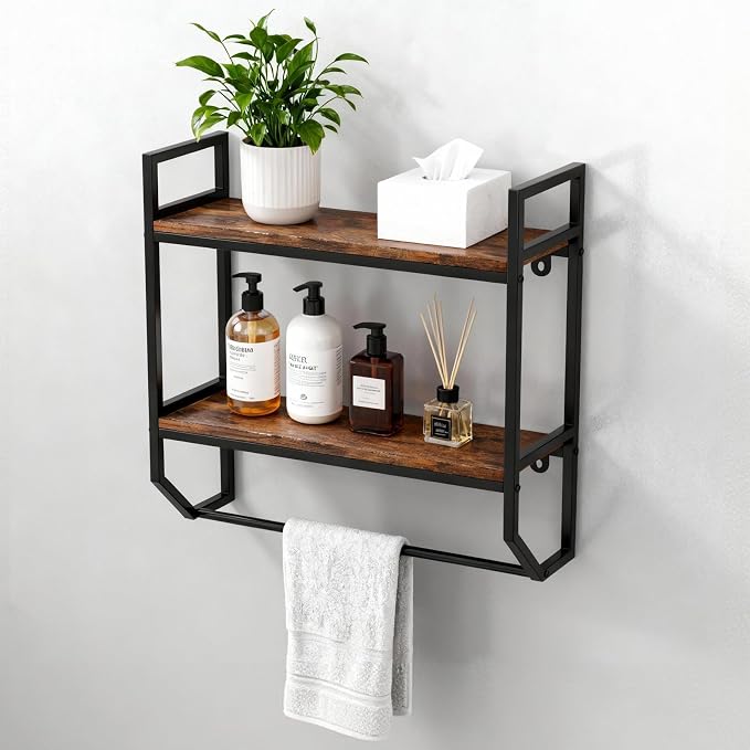 POWERSTONE 2-Tier Bathroom Towel Rack Industrial Wall Mounted Shelf by POWERSTONE%C2%AE