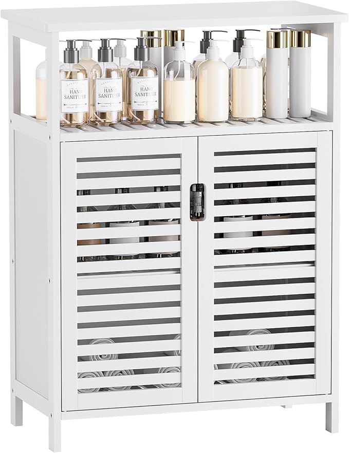 HITNET White Bathroom Cabinet, Bamboo Storage Cabinet Freestanding, Side Tall by HITNET
