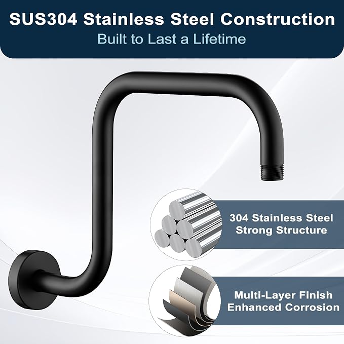 BRIGHT SHOWERS Shower Head Extension Arm 13 Inch S Shaped Gooseneck Shower Riser - Image 2
